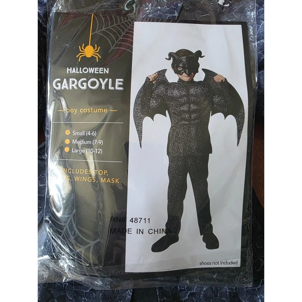 Halloween Gargoyle Boy Costume Muscle Chest Mask Wings Pants Set Small 4-6